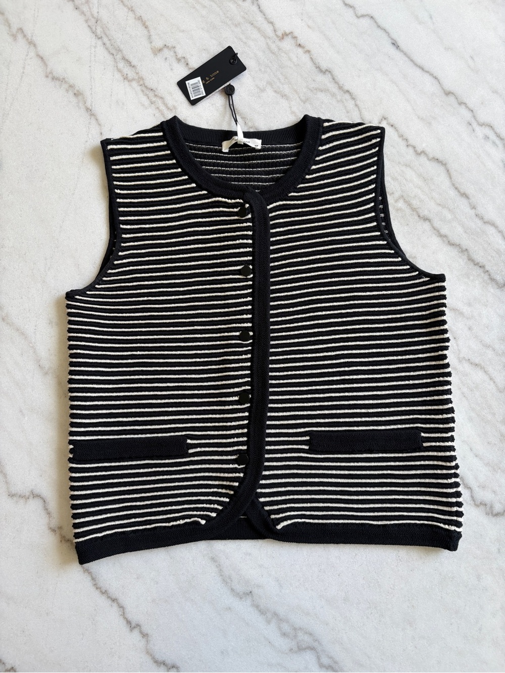 rag & bone Black and White Striped Knit Sleeveless Cardigan